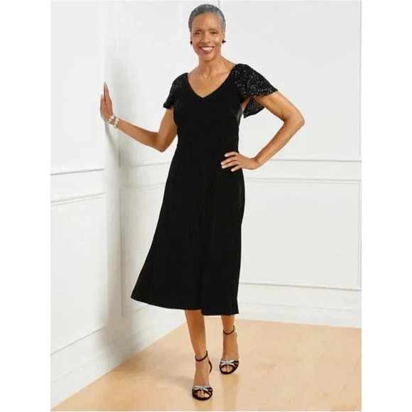 NWT Talbots Festive Black Velvet Sequin Sleeves V-Neck Midi Dress 14P Holidays - Picture 1 of 14